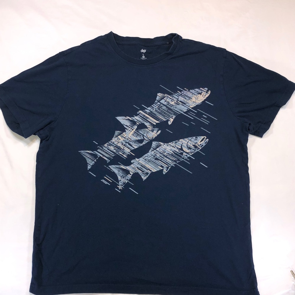 Dip Mens Organic Cotton Fish Graphic Tee Navy Blue Short Sleeve T-Shirt L